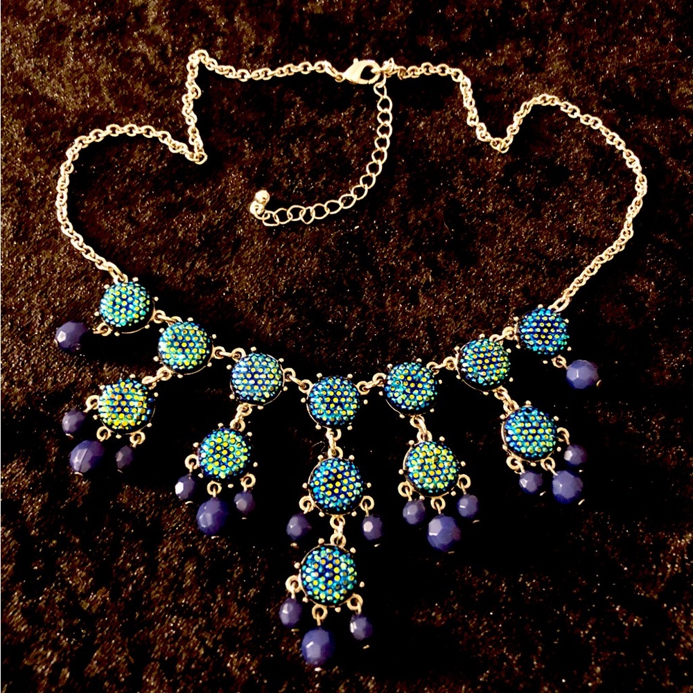 Silver Chandelier Necklace; Blue Green Iridescent Accent; Blue Dangle Beads